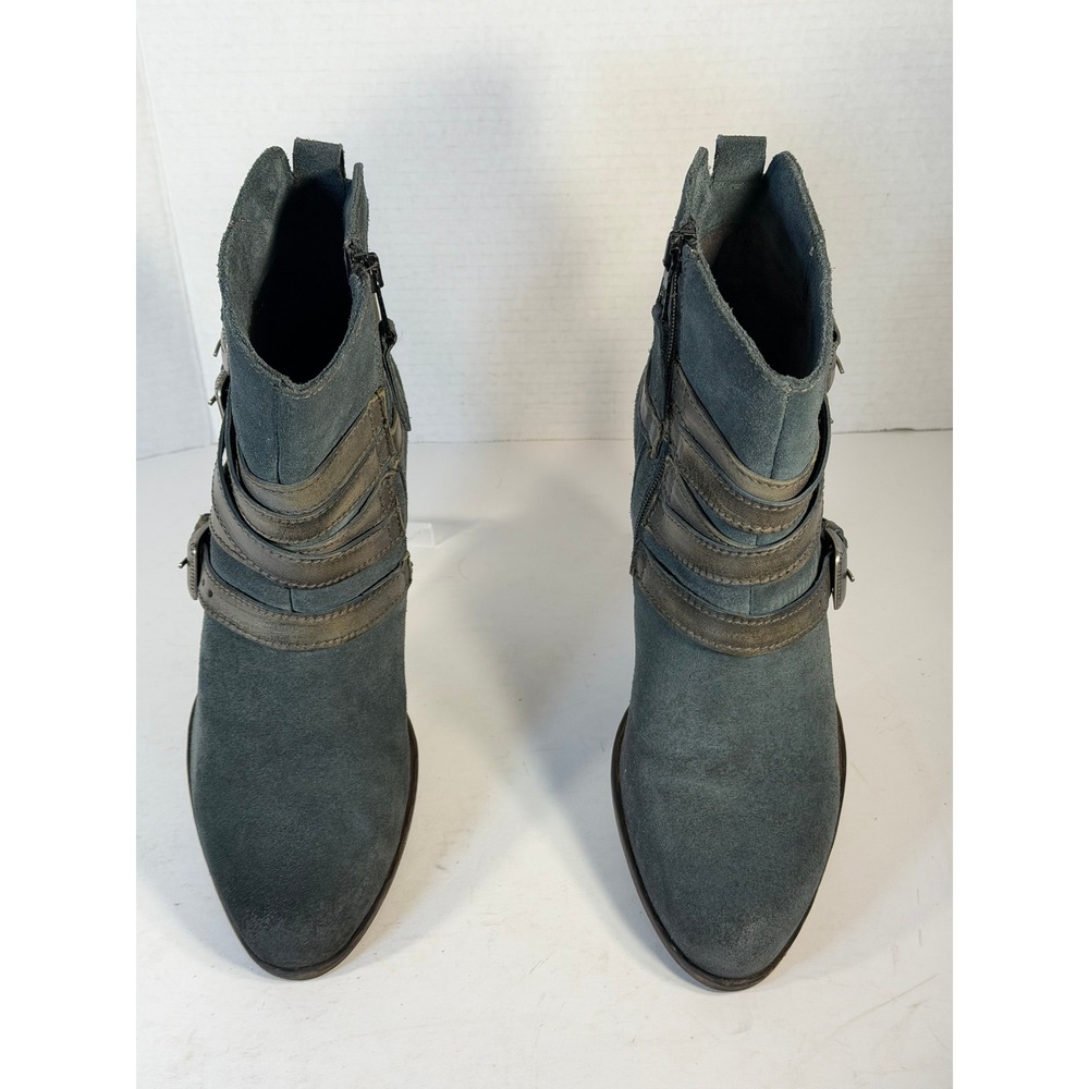 Blue Suede Multi Strap Buckle Ankle Boots Western Pointed Toe Block Heel Booties